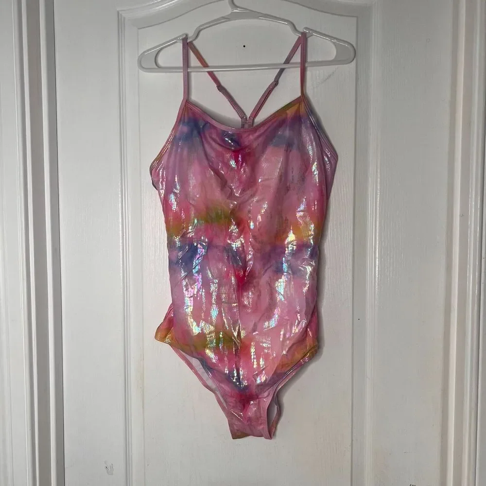 Pink Iridescent Tie Dye‎ Holographic Scale One Piece Swimsuit XL Mermaidcore